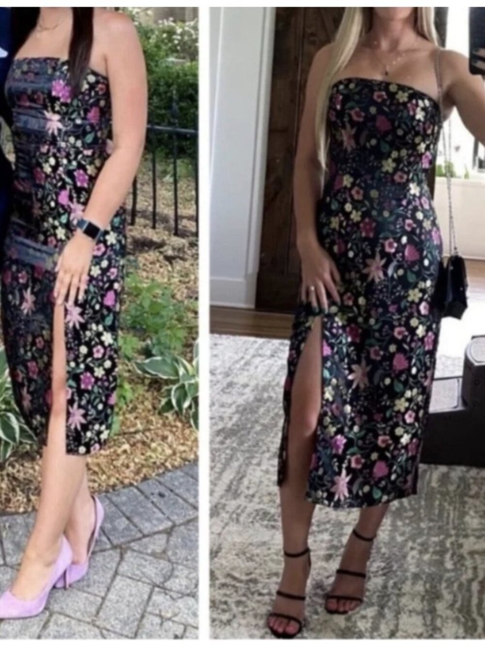 Lulus Size Small Black Satin Floral Jacquard Strapless Midi Dress NWT Metallic - Picture 3 of 16